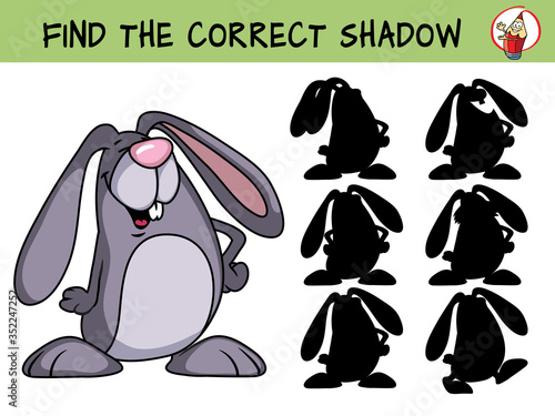 Funny rabbit. Find the correct shadow. Educational matching game for children. Cartoon vector illustration