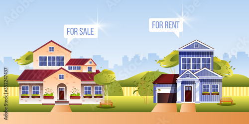 House on sale banner with two vintage cottages in suburb. Real estate illustration in flat style with street, cityscape, buildings, front yard, trees, lawn. Property concept with mansion exterior