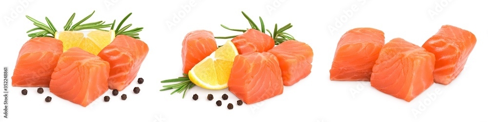 raw salmon piece cube with rosemary and peppercorn isolated on white background close up. Set or collection