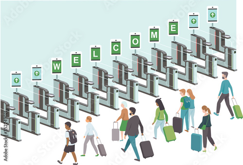 Crowd of happy passengers going through electronic gates in airport. opening borders after COVID-19 coronavirus lockdown.