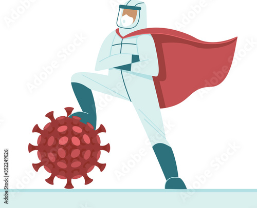 Doctor in full antiviral protective equipment wearing superhero red cape triumphs over coronavirus