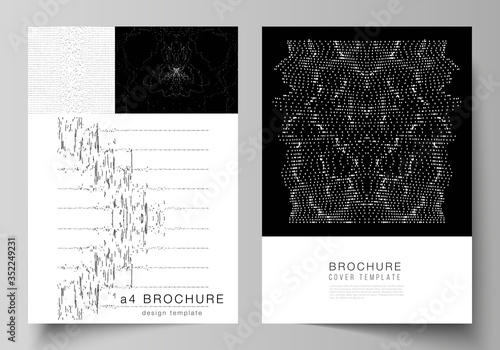 The vector layout of A4 format modern cover mockups design templates for brochure, magazine, flyer, booklet. Trendy modern science or technology background with dynamic particles. Cyberspace grid.
