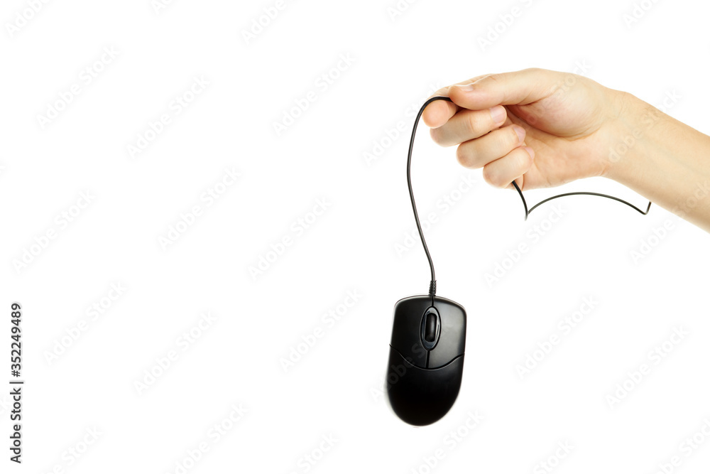 black computer mouse at caucasian person hand. isolated on a white background. hardware and web surfing concept. black computer mouse at caucasian person hand. isolated on a white background. hardware and web surfing concept.