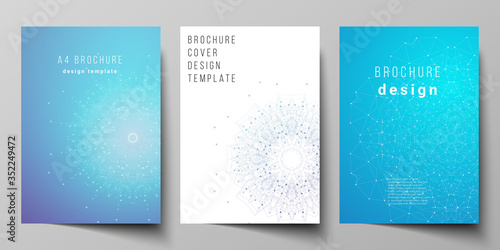 Vector layout of A4 format modern cover mockup design templates for brochure, magazine, flyer, booklet, report. Big Data Visualization, geometric communication background with connected lines and dots
