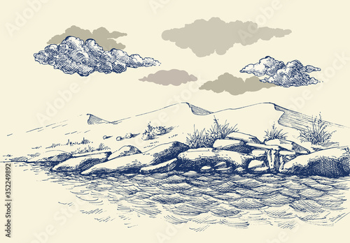 Rocky sea shore hand drawing, sand dunes in the background