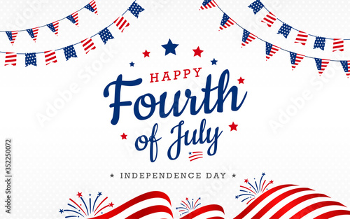 Happy 4th of July, USA Independence Day with waving American national, garlands on top fireworks on the white background, use for sale banner, discount banner, advertisement banner, etc.