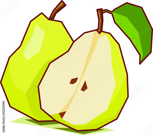 Pear drawn in vector with geometric shapes colored in flat colors. 
Vector drawing of fruit with fields of flat and geometric colors.