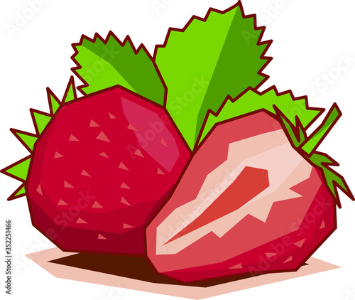 Strawberries drawn in vector with geometric shapes colored in flat colors. 
Vector drawing of fruit with fields of flat and geometric colors.