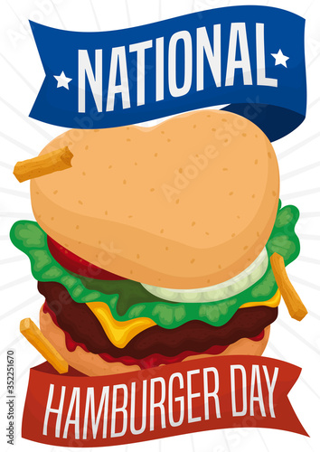 Commemorative Ribbon around Cheeseburger to Celebrate National Hamburger Day  Vector Illustration