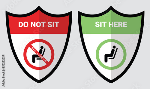 Please do not sit and sit here sign to prevent from Coronavirus or Covid-19 pandemic. Keep distance 6 feet or 2 meters physical distancing for chair, seat, shuttle bus, subway, railway, tram, train.