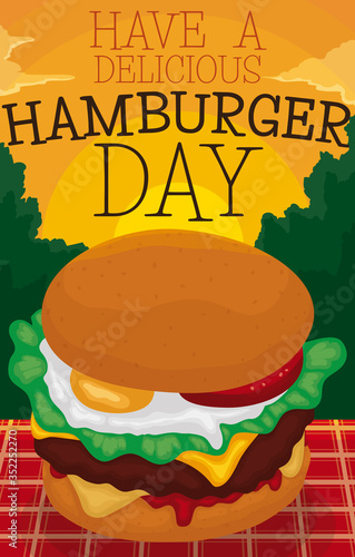 Delicious Burger Served in a Picnic Commemorating Hamburger Day  Vector Illustration