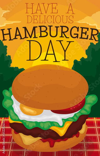 Delicious Burger Served in a Picnic Commemorating Hamburger Day, Vector Illustration