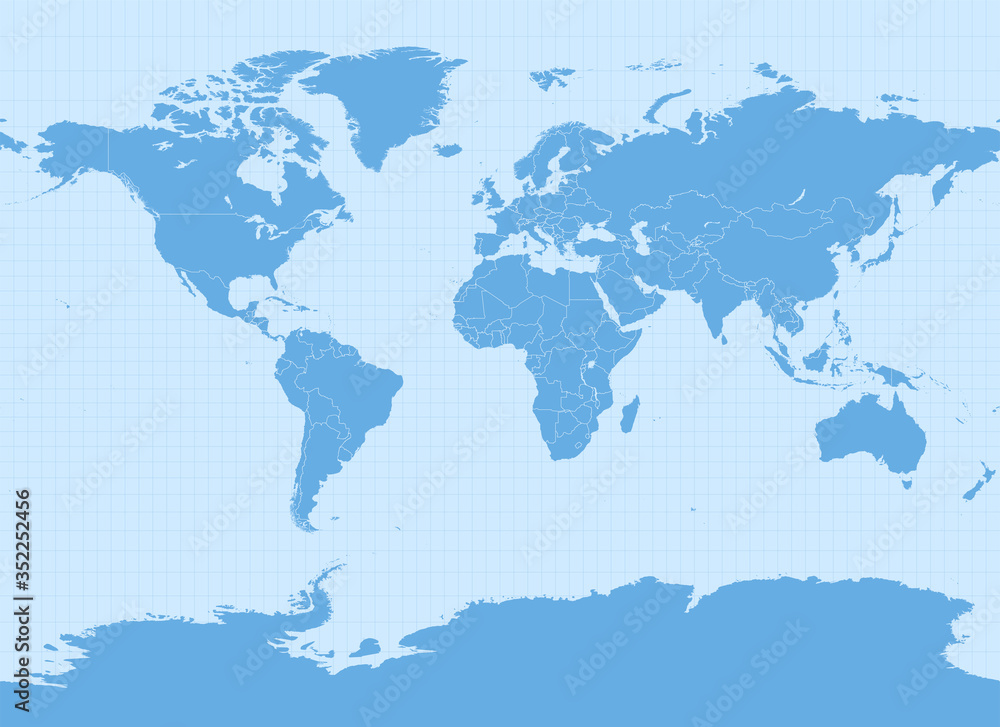 World map in Miller Cylindrical projection (EPSG:54003). Detailed vector Earth map with countries’ borders and 5-degree grid.