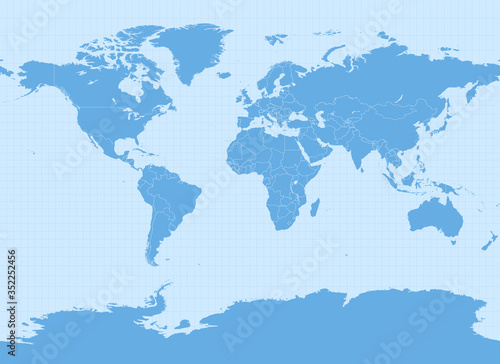 Fototapeta Naklejka Na Ścianę i Meble -  World map in Miller Cylindrical projection (EPSG:54003). Detailed vector Earth map with countries’ borders and 5-degree grid.