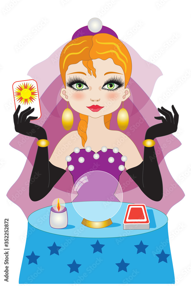 Obraz premium Fortuneteller with red hair and purple veil reads tarot cards with crystal ball