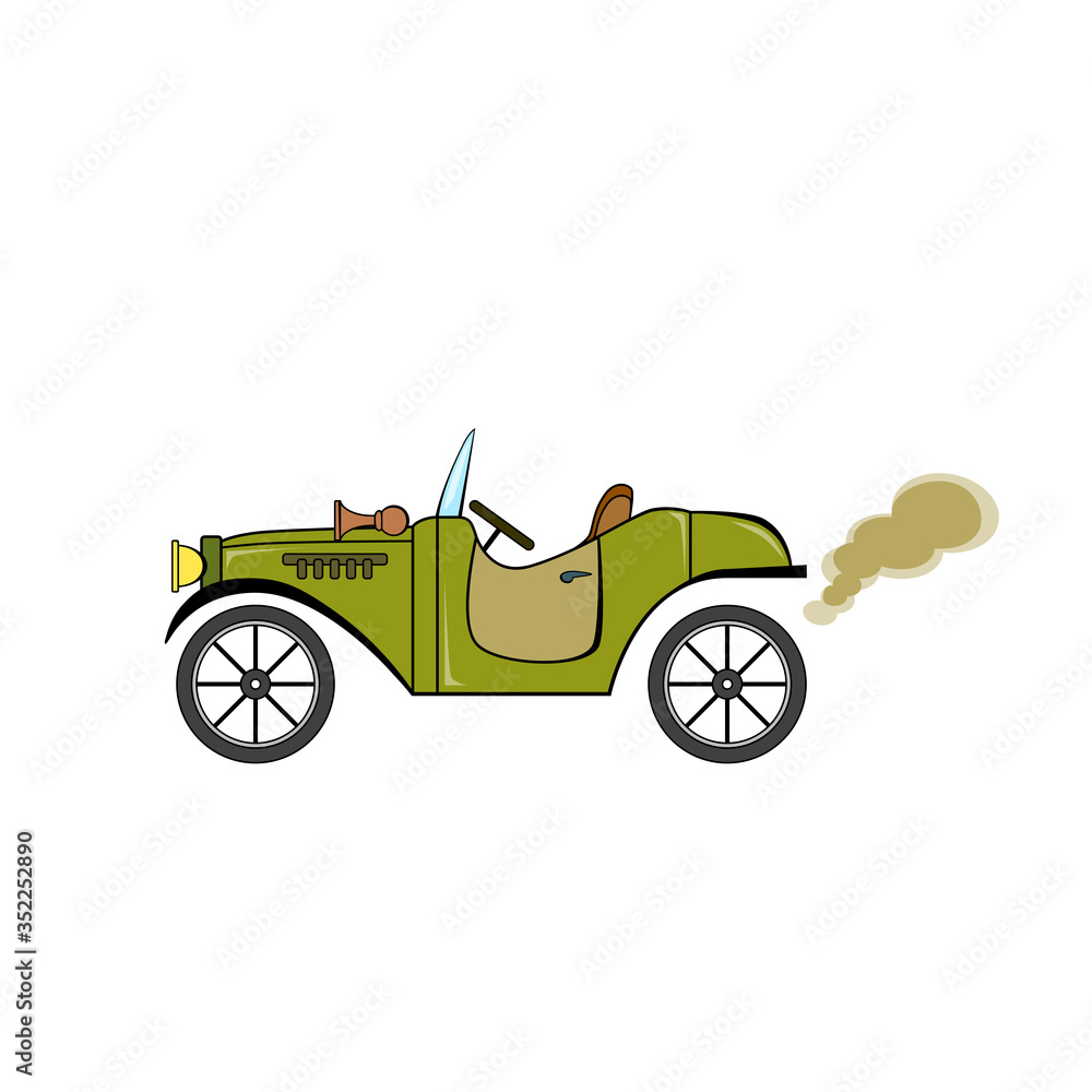 Green vintage car in cartoon style on white background.