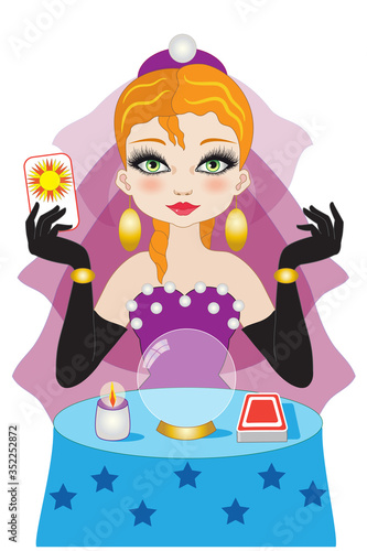 Fortuneteller with red hair and purple veil reads tarot cards with crystal ball