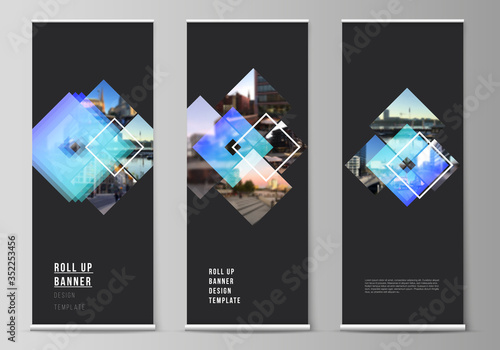 The vector illustration of the editable layout of roll up banner stands, vertical flyers, flags design business templates. Creative trendy style mockups, blue color trendy design backgrounds.