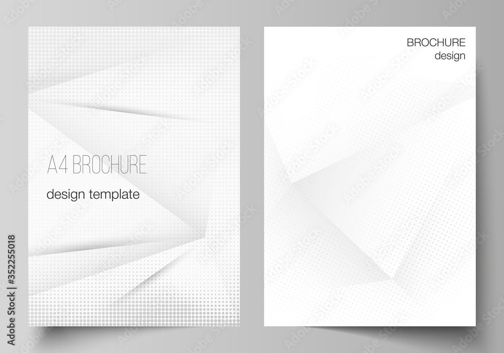 Fototapeta premium Vector layout of A4 cover mockups design templates for brochure, flyer layout, cover design, book design, brochure cover. Halftone dotted background with gray dots, abstract gradient background.