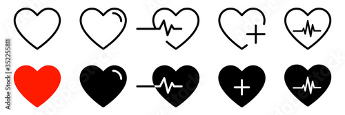 Heart icons isolated vector signs. Collection of vector heartbeats signs or linear icons. Cardiogram heart concept.