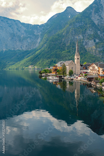 Wallpaper Mural Scenic view of the Evangelical church at the waterfront of the famous mountain village Hallstatt in the Salzkammergut region, OÖ, Austria Torontodigital.ca