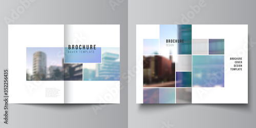 Vector layout of two A4 format cover mockups templates for bifold brochure, flyer, magazine, cover design, book design, brochure cover. Abstract design project in geometric style with blue squares