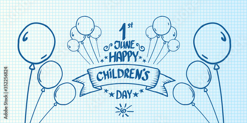 1 june international childrens day cartoon doodle style horizontal banner background. happy Children day greeting cad, icon or label. Cartoon kids day poster. Children day hand drawn banner design