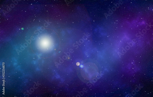 Starry night sky space background with nebula in deep space and lens flare.