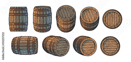 Set of old wooden barrels in different positions. Vintage vector illustration.