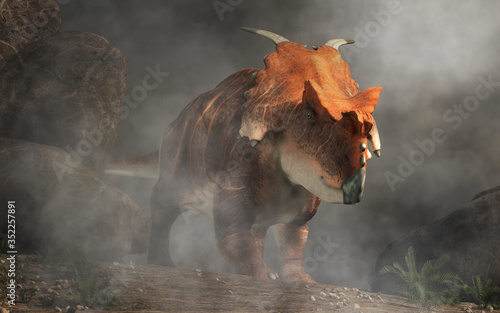Achelousaurus was a Cretaceous era dinosaur. A cousin of triceratops, it had two curved spikes on its frill and bosses rather than horns on its forehead and snout. In fog. 3D Rendering
 photo