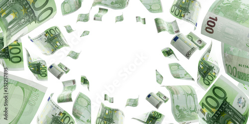 Euro money background. Banknote falling isolated textures on white background.