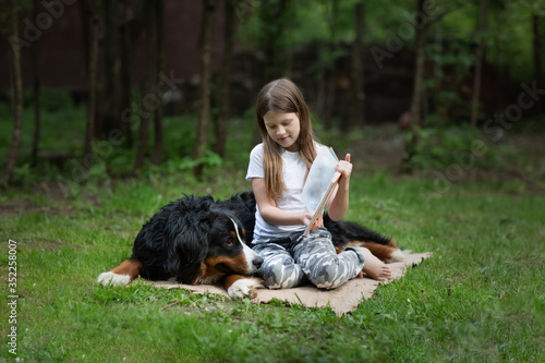 Caucasian girl kid reads and shows book to large dog in summer glade, child with Bernese Mountain Dog, friendship of child and dog, dog therapy concept.
