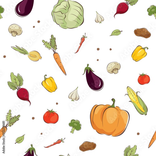Seamless pattern -- vegetables. Vector illustrations, background, print with different vegetables.