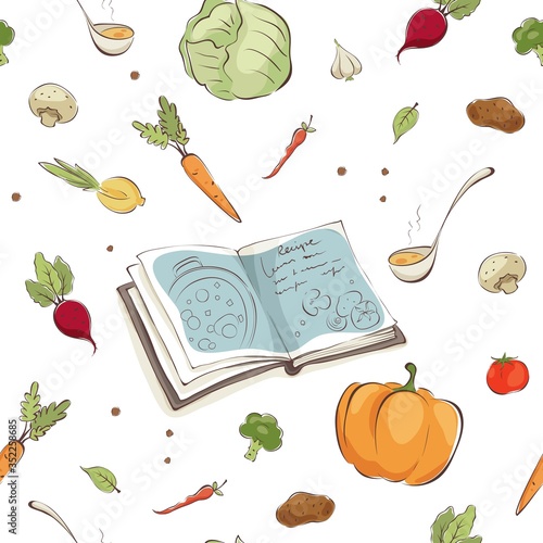 Background--  Cookbook and vegetables. Seamless vector pattern, illustrations with vegetarian soup ingredients