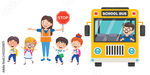 Happy Children And School Bus