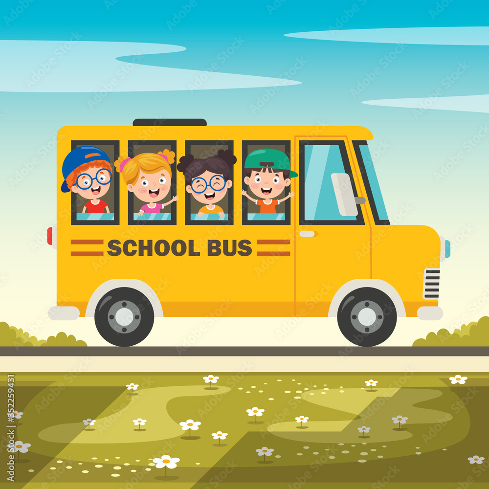 Happy Children And School Bus