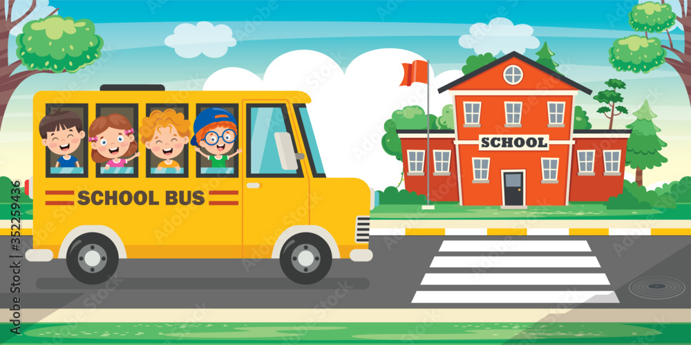Happy Children And School Bus Stock Vector | Adobe Stock