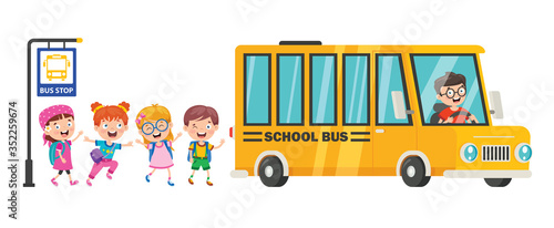 Happy Children And School Bus