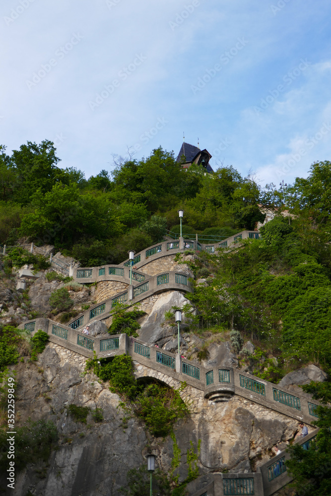 Graz, Austria, tourist attraction big staircase to the mountain.