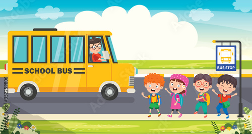 Happy Children And School Bus