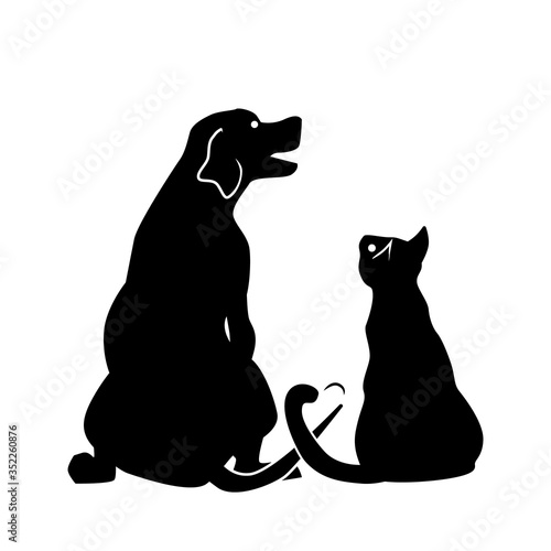 Silhouettes of dog and cat. Friendship between pets, love for pets and caring for them. Vector illustration
