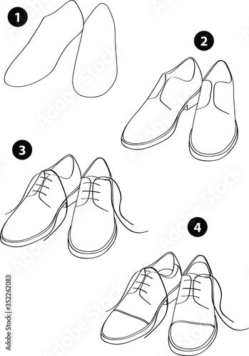 Step by step drawing learning techniques, objects set workbook for kids isolated background. Vector illustration shoes