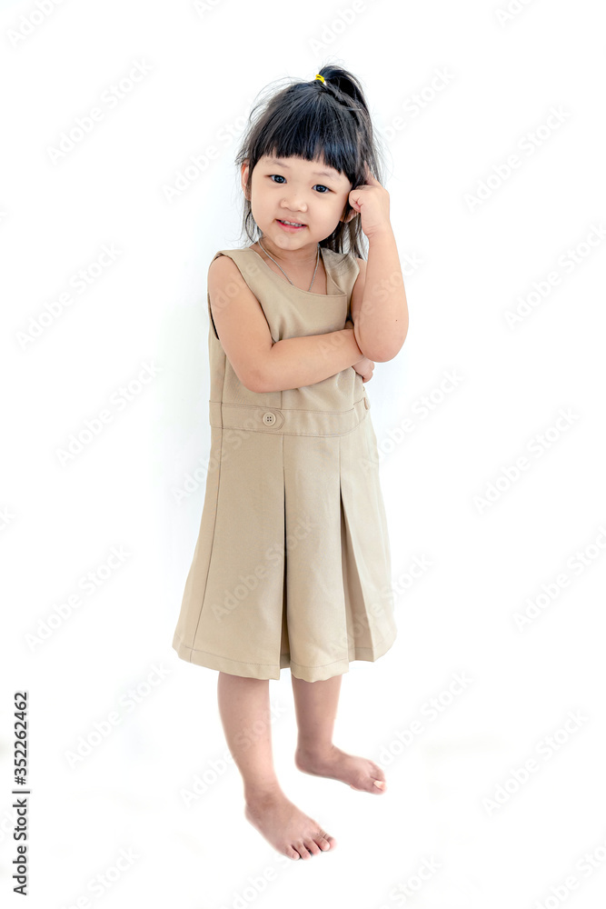 Closeup portrait of a cute little girl thinking. Four years old kid, isolated on white, space for advertising text Closeup portrait of a cute little girl thinking. Four years old kid, isolated on white, space for advertising text