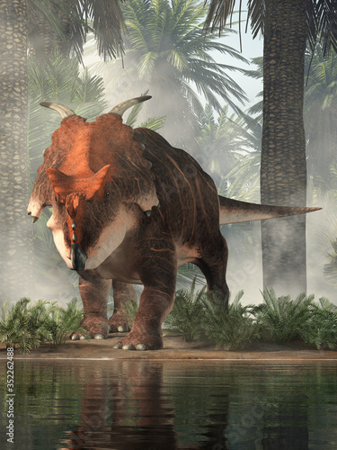 Achelousaurus was a Cretaceous era dinosaur. A cousin of triceratops  it had two curved spikes on its frill and bosses rather than horns on its forehead and snout. In a forest by a pond. 3D Rendering 