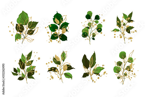 Gold leaves green tropical branch plants wedding bouquet with golden splatters isolated. Floral foliage vector illustration arrangement in watercolor style for wedding invitation card
