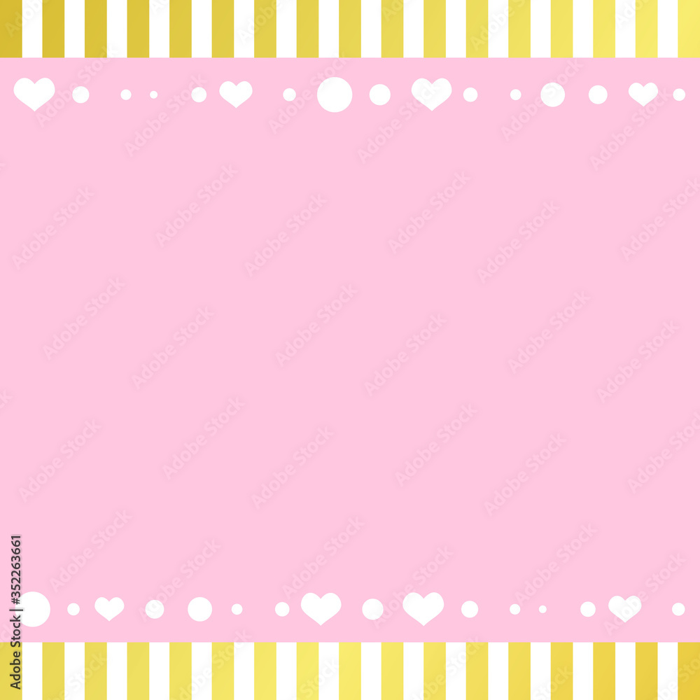 Festive romantic pink background with frame of white hearts and confetti and golden stripes Festive romantic pink background with frame of white hearts and confetti and golden stripes