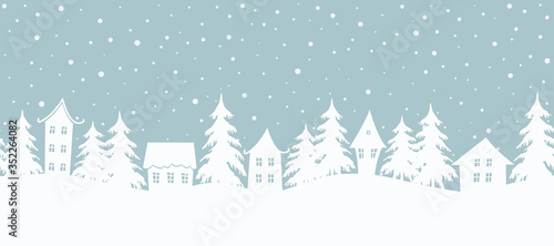 Christmas background. Fairy tale winter landscape. Seamless border. There are white houses and fir trees on a gray blue background. Winter village. Vector illustration
