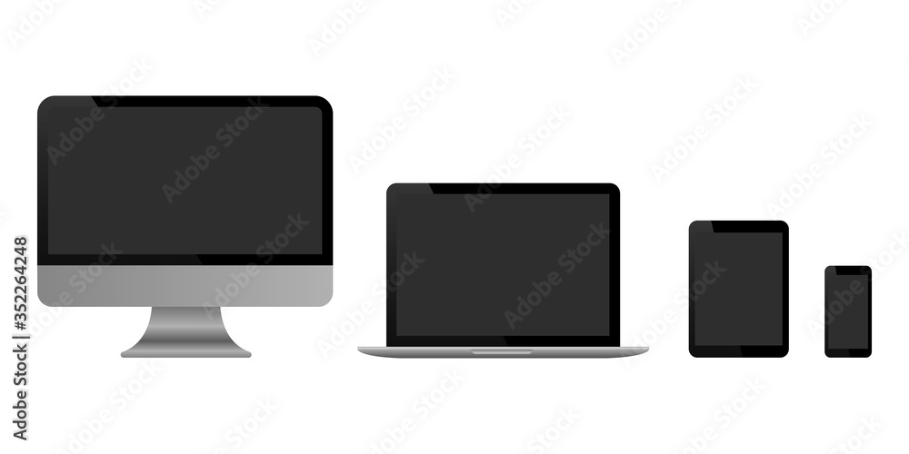 Realistic set of monitor, laptop, tablet and smartphone. Vector collection of modern digital devices. Vector EPS10 illustration. Realistic set of monitor, laptop, tablet and smartphone. Vector collection of modern digital devices. Vector EPS10 illustration.