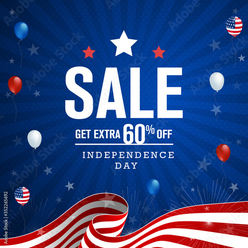 Discount sale banner for American independence day with the USA themed balloon, waving a flag, and starburst on blue background. 4th July greeting card, postcard, sale banner, discount banner, etc