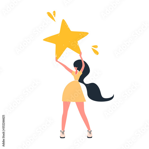 Girl holding star in her hands drawing. Isolated on white success
banner design. Assessment, rating
hand drawn concept. Social sign
vector illustration in flat cartoon style.